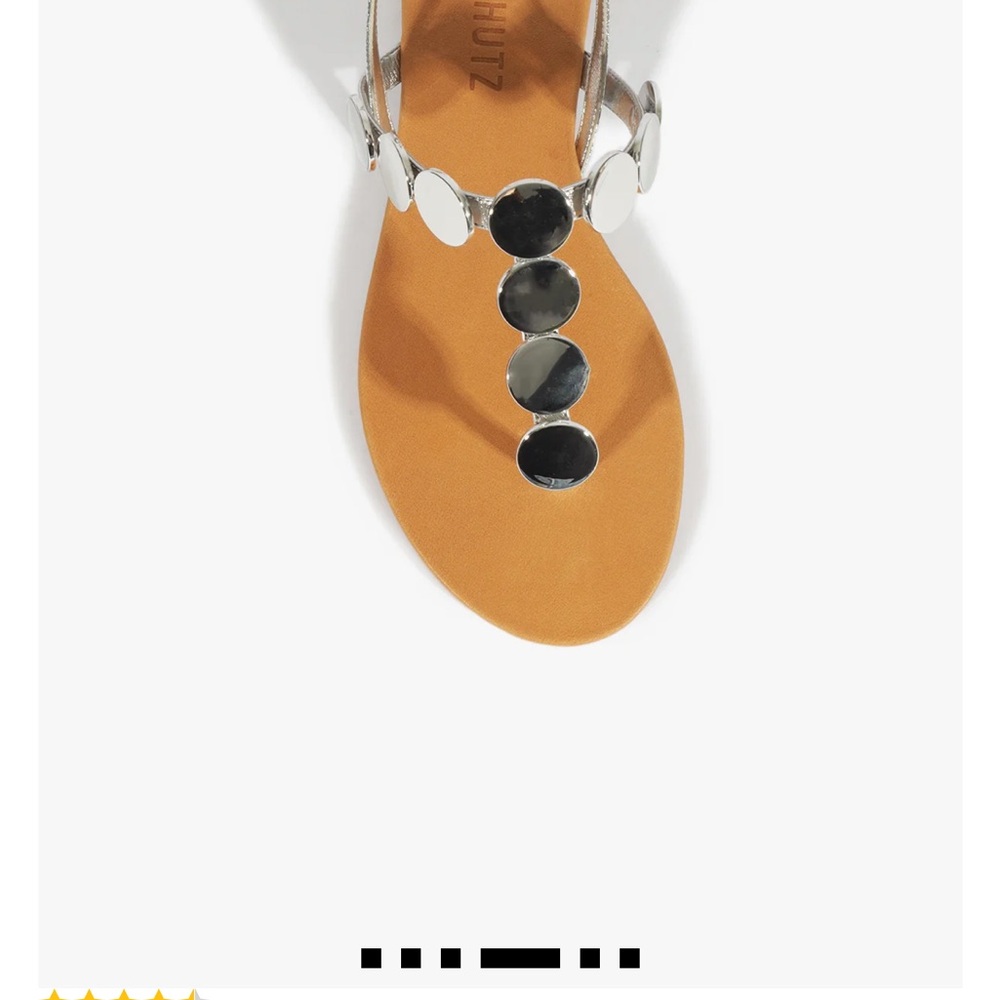 SCHUTZ Silver T-Strap Sandal with Tan Footbed and Mirror Accents